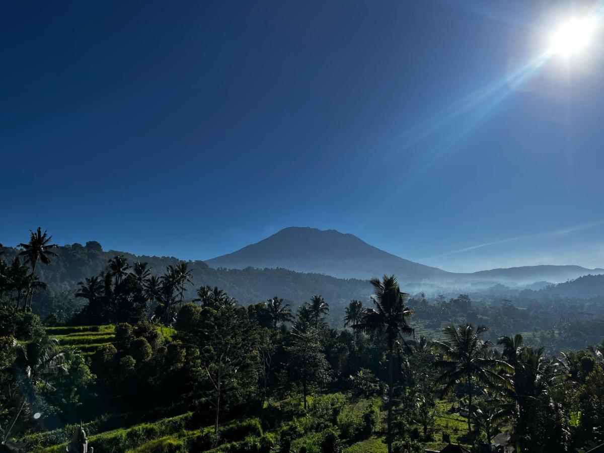 Mount Agung rising in morning haze above rice terraces and palm trees in the Sidemen valley, seen from the villa