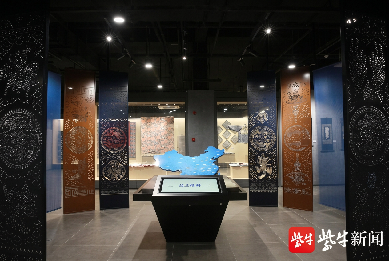 Blue calico pattern panels and exhibits inside the Wu Yuanxin Blue Calico Art Museum in Qidong
